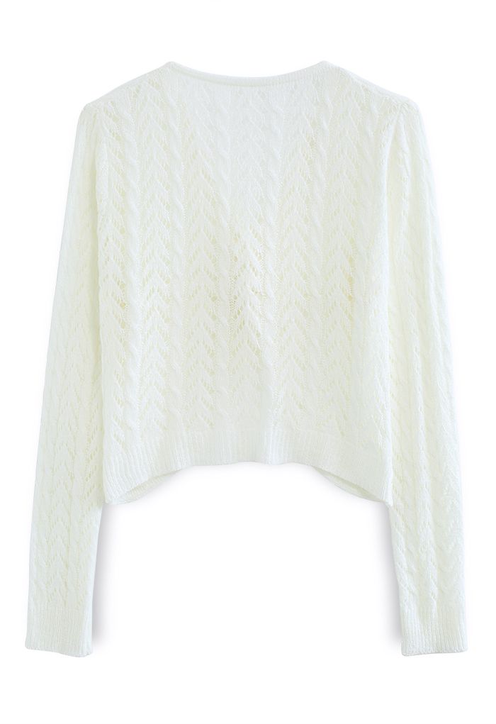 Hollow Out Knot Front Crop Knit Top in White