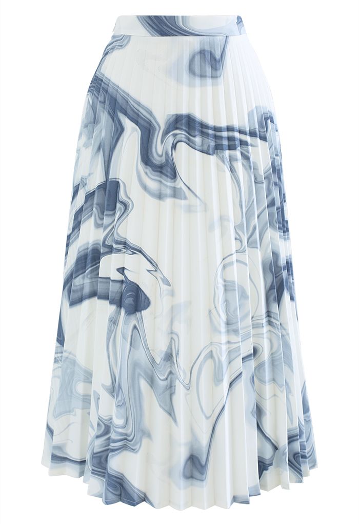 Watercolor Swirl Print Pleated Midi Skirt in Blue