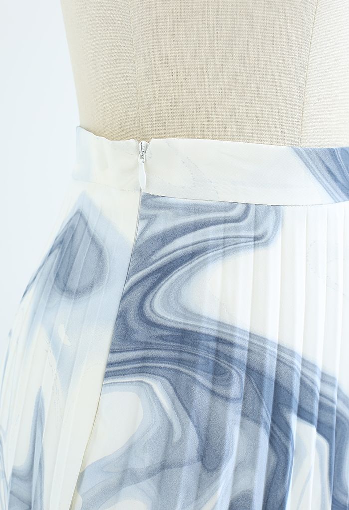 Watercolor Swirl Print Pleated Midi Skirt in Blue