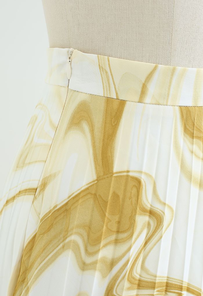 Watercolor Swirl Print Pleated Midi Skirt in Yellow