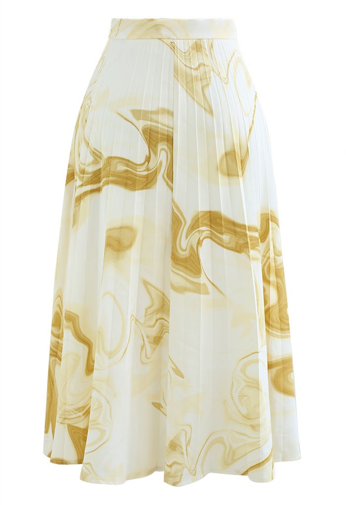 Watercolor Swirl Print Pleated Midi Skirt in Yellow