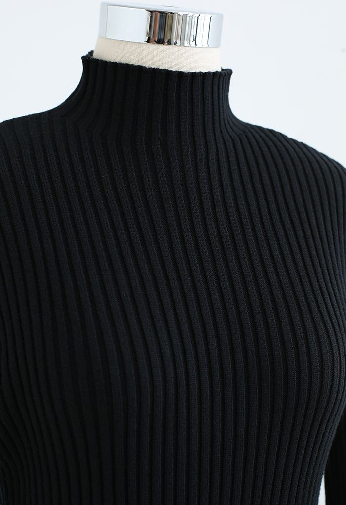 Contrast Hem Mock Neck Knit Dress in Black