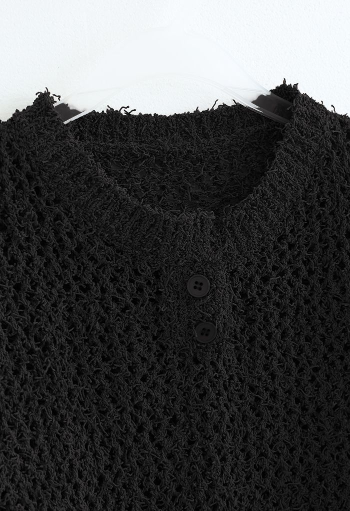 Buttoned Hollow Out Knit Crop Top in Black
