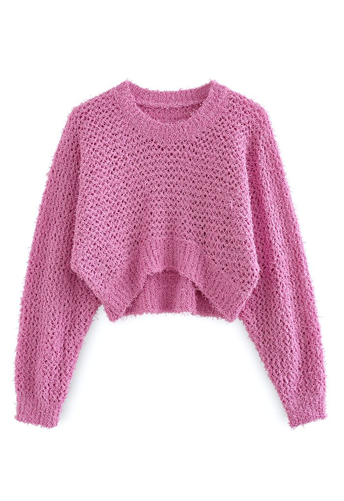 Hollow Out Asymmetric Hem Knit Crop Top in Hot Pink