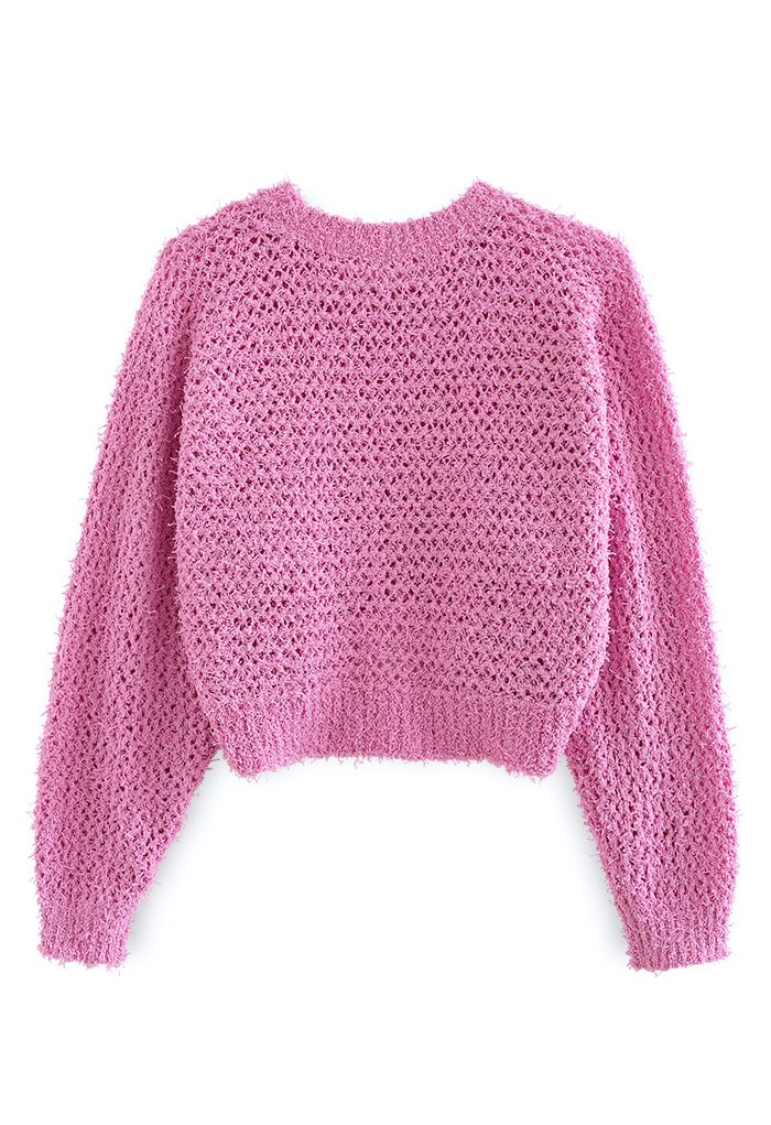 Hollow Out Asymmetric Hem Knit Crop Top in Hot Pink