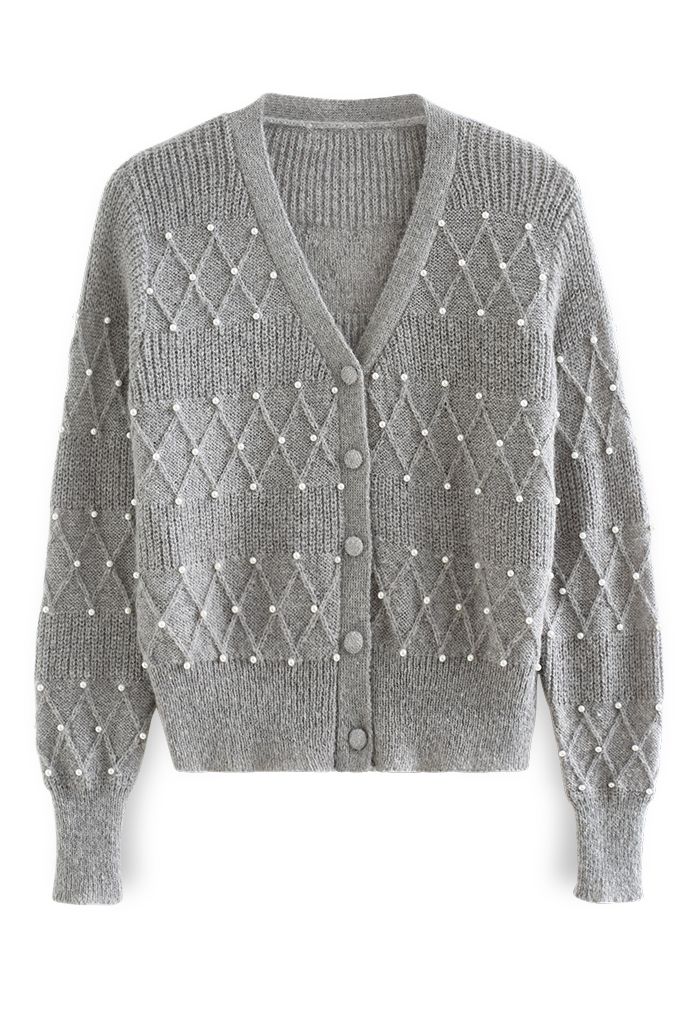 Diamond Texture Pearl Decor Knit Cardigan in Grey