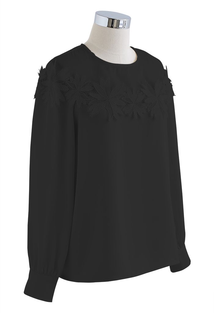 Floral Crochet Spliced Satin Shirt in Black
