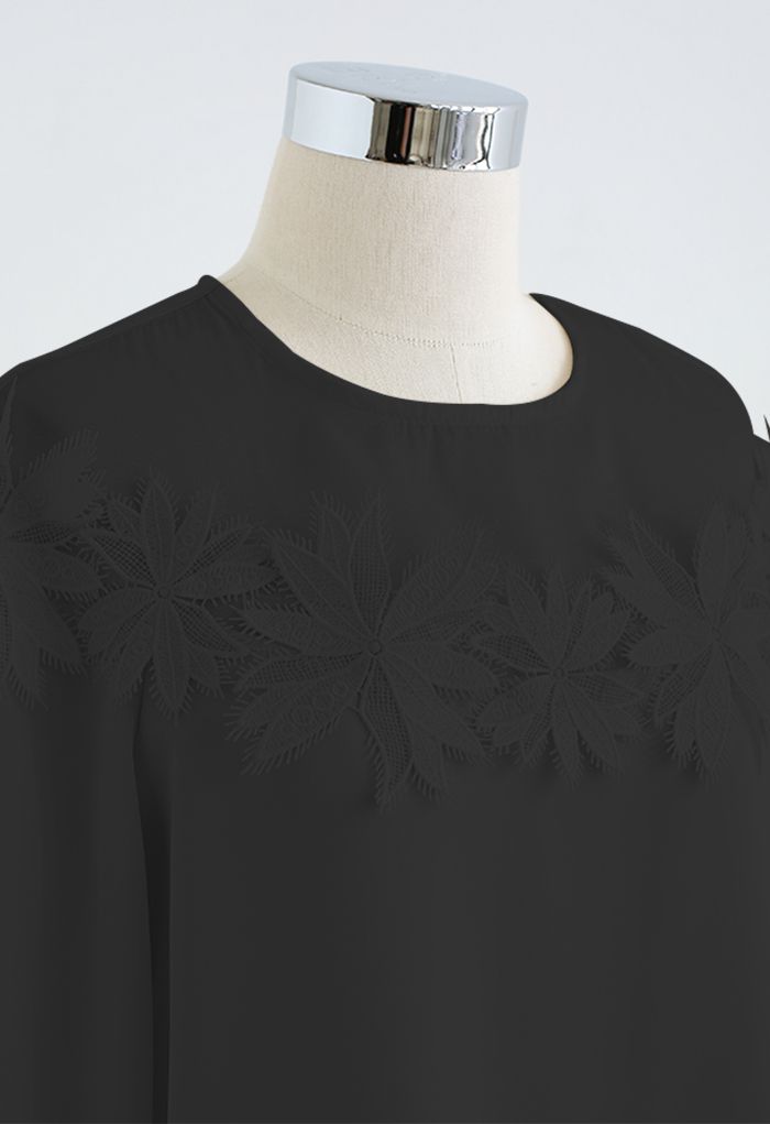 Floral Crochet Spliced Satin Shirt in Black