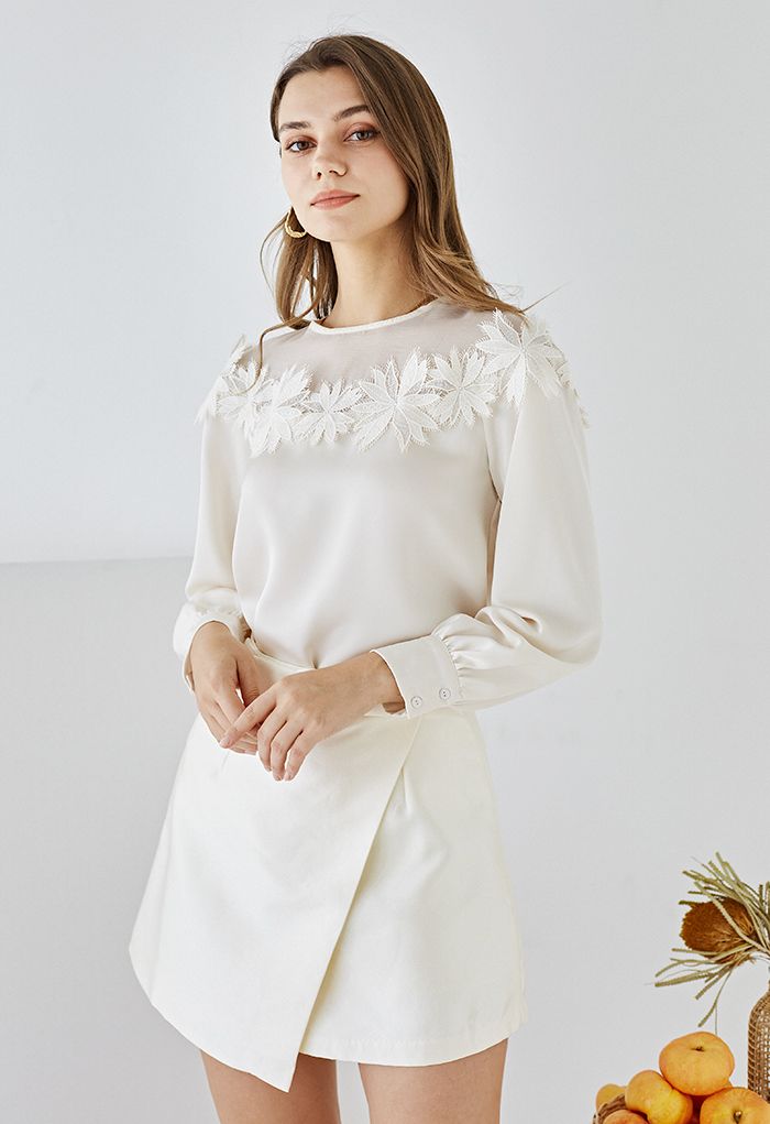 Floral Crochet Spliced Satin Shirt in Cream