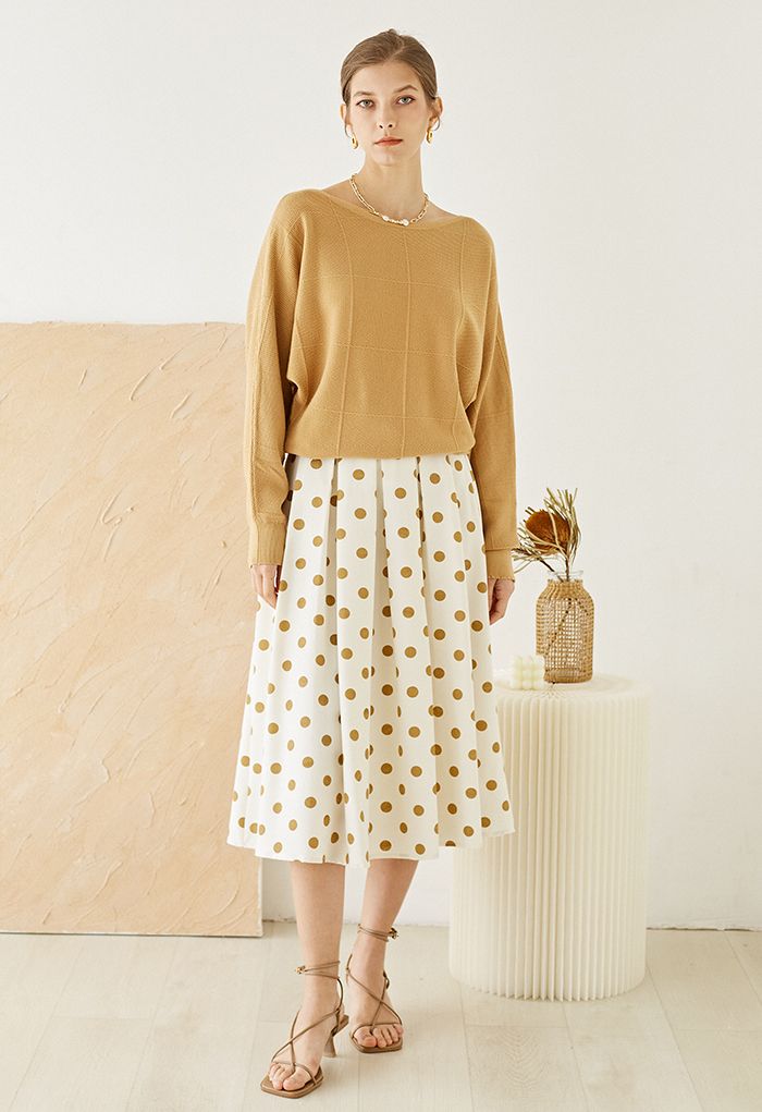 Polka Dot Pleated Midi Skirt in Cream