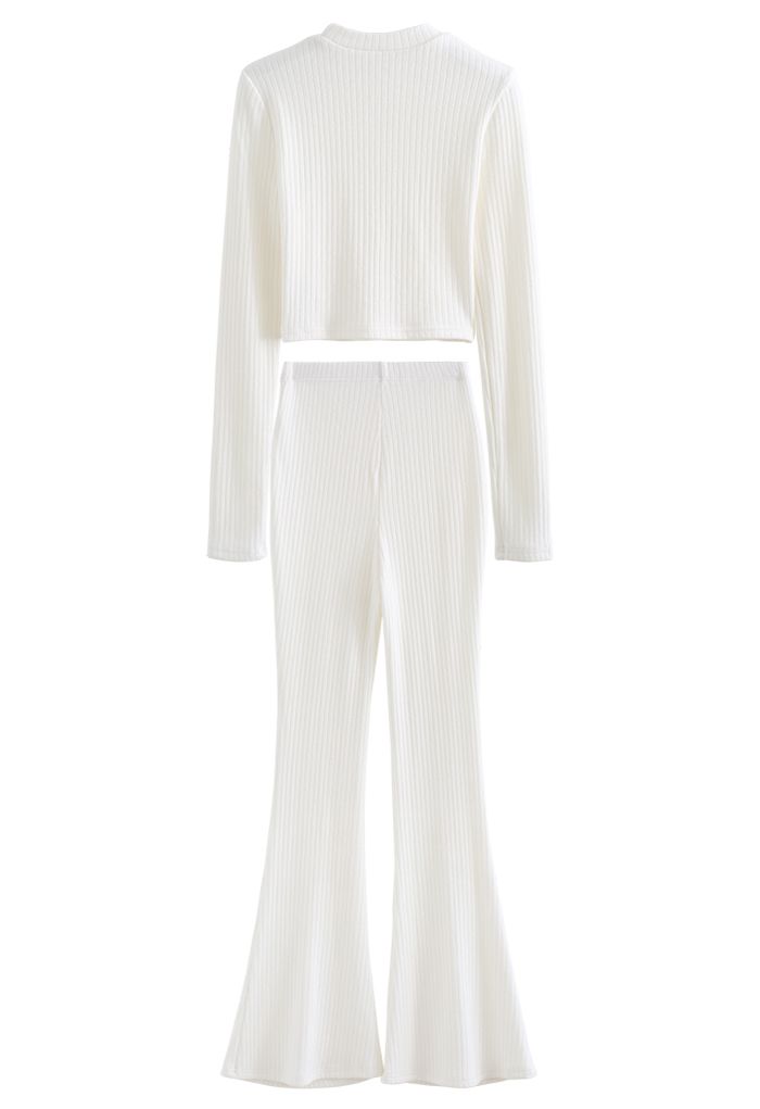 Trendy Soft Crop Top and Flare Pants Set in White