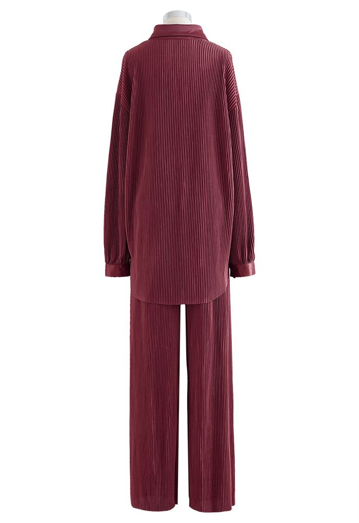 Full Pleated Plisse Shirt and Pants Set in Burgundy