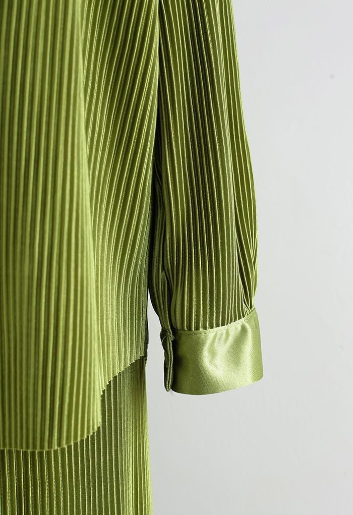 Full Pleated Plisse Shirt and Pants Set in Moss Green