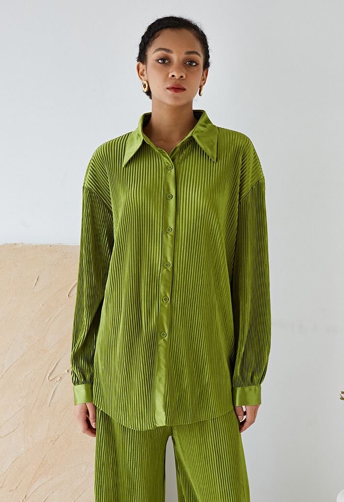Full Pleated Plisse Shirt and Pants Set in Moss Green