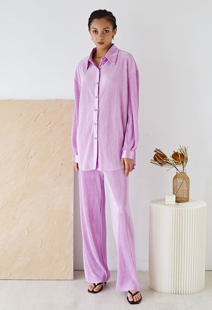Full Pleated Plisse Shirt and Pants Set in Lilac