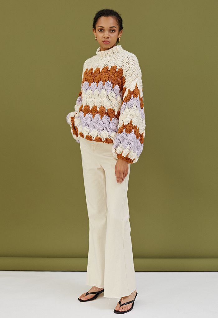 Color Blocked High Neck Hand-Knit Chunky Sweater in Cream