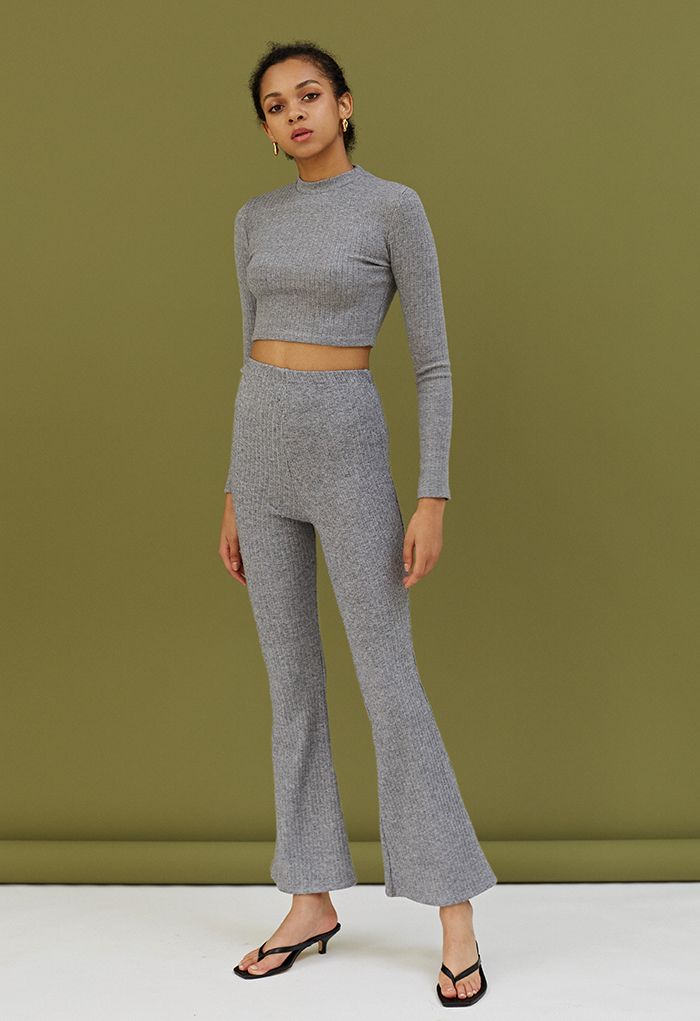 Trendy Soft Crop Top and Flare Pants Set in Grey