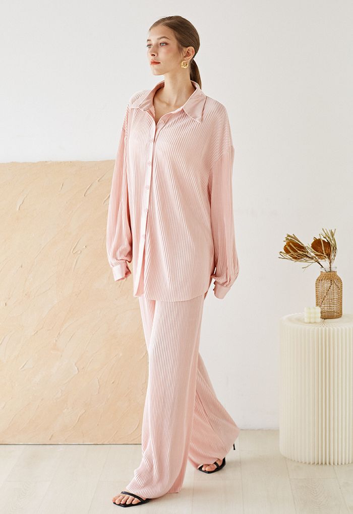 Full Pleated Plisse Shirt and Pants Set in Pink