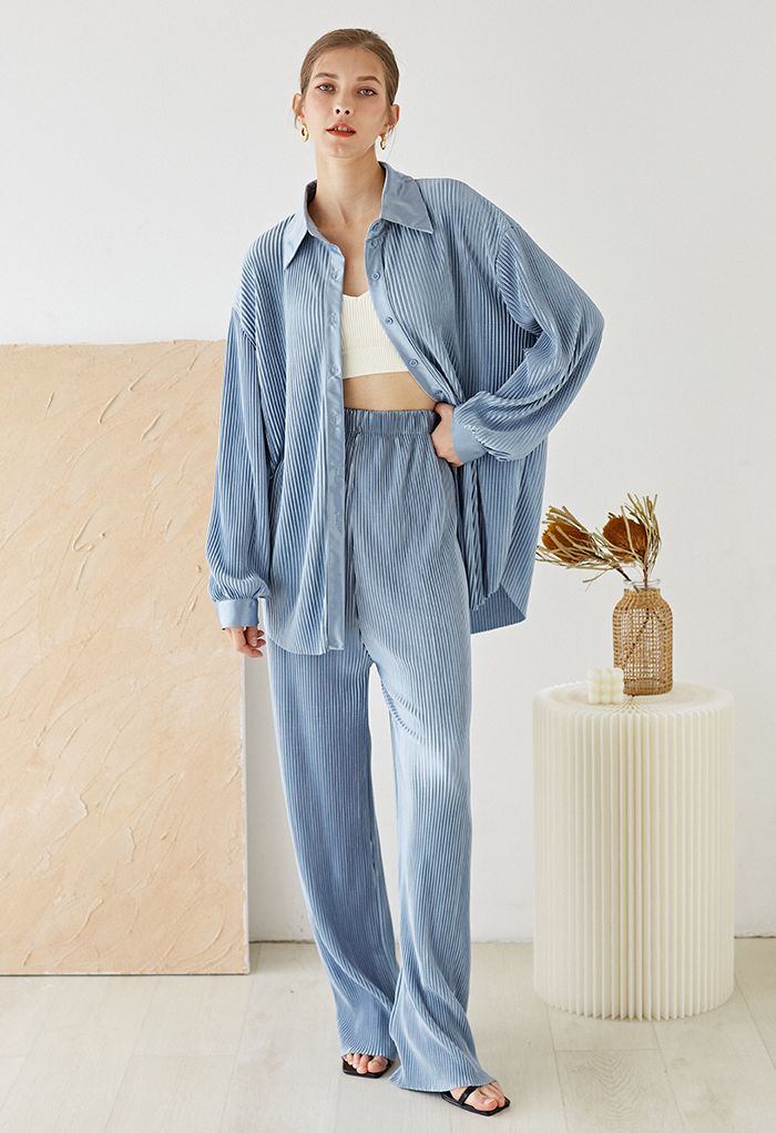Full Pleated Plisse Shirt and Pants Set in Blue