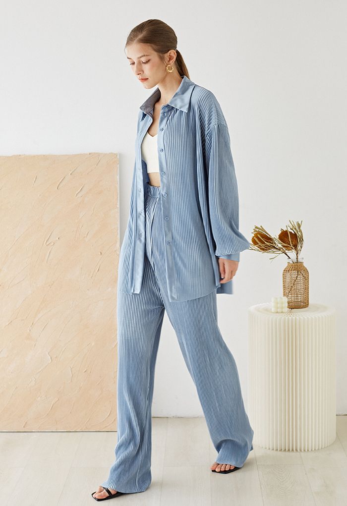 Full Pleated Plisse Shirt and Pants Set in Blue