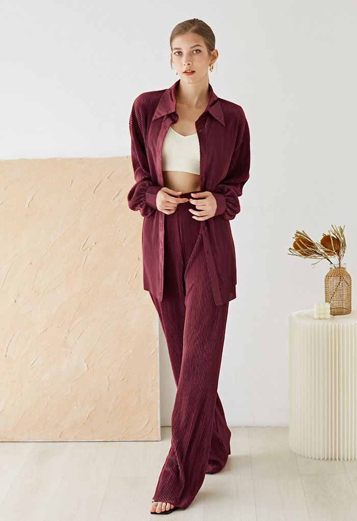Full Pleated Plisse Shirt and Pants Set in Burgundy