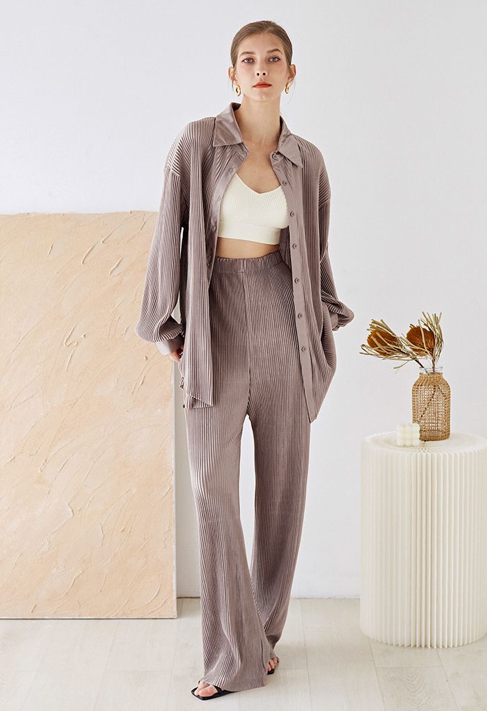 Full Pleated Plisse Shirt and Pants Set in Taupe