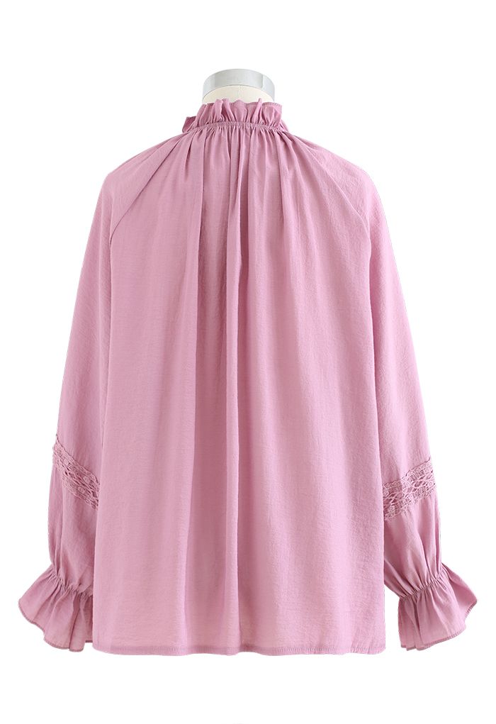 Crochet Trim Puff Sleeves Slouchy Shirt in Violet