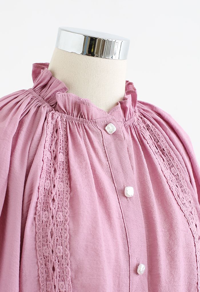 Crochet Trim Puff Sleeves Slouchy Shirt in Violet