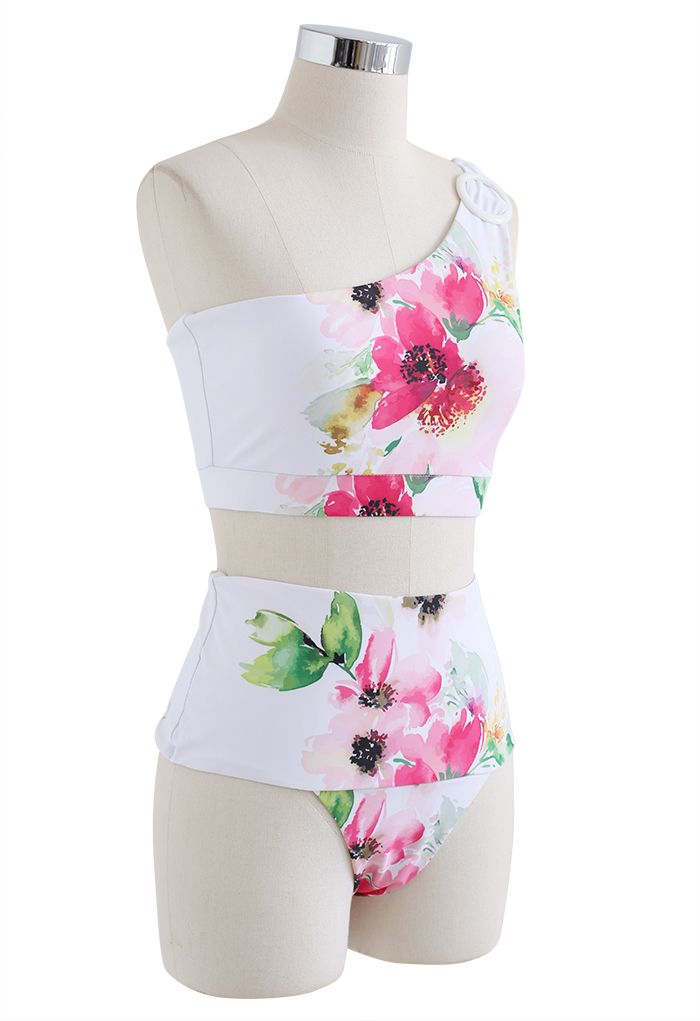 Floral O-Ring One-Shoulder Bikini Set