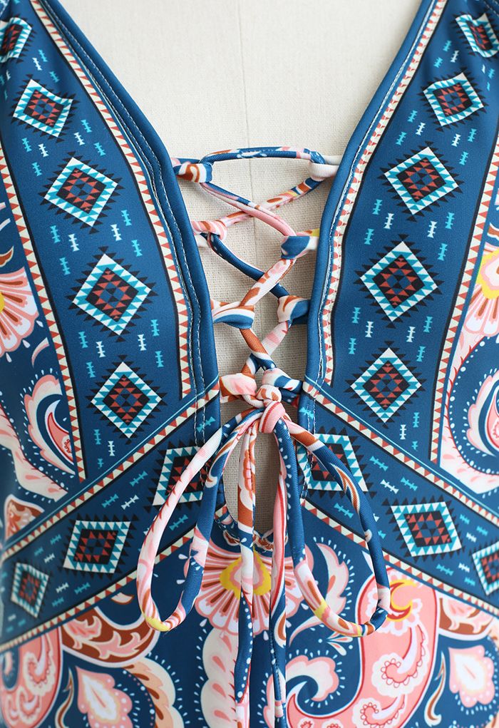Boho Paisley Pattern Lace-Up Swimsuit