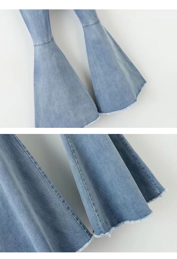 Stretchy Raw Hem Flare Jeans in Light Blue
