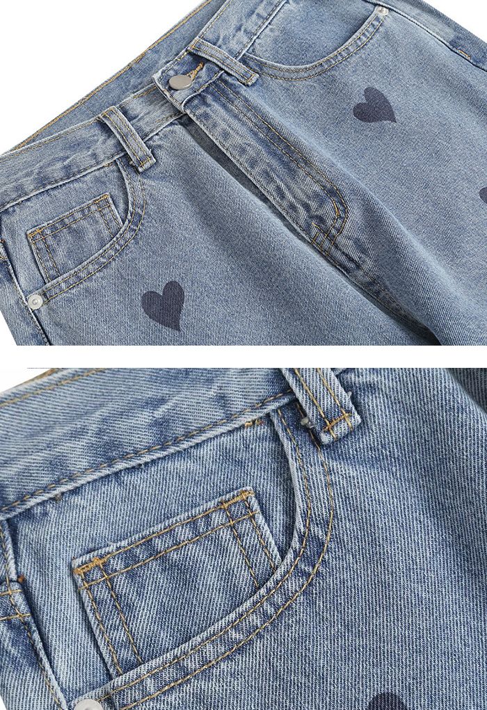 Vintage Heart Print Wide Leg Jeans