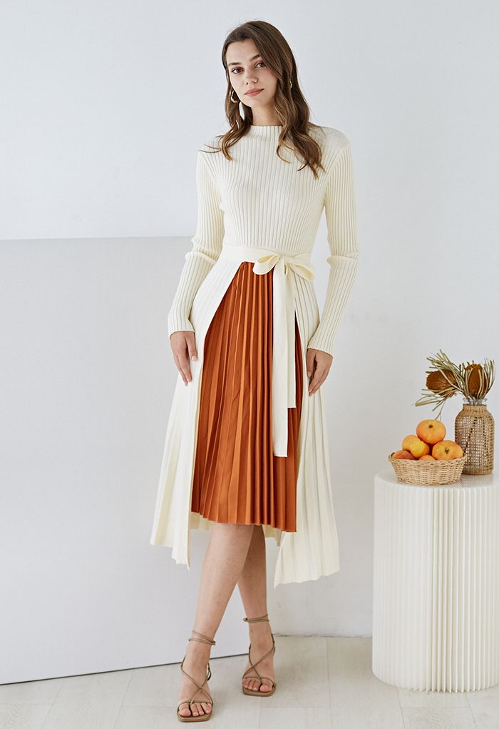 Front Pleats Splicing Belted Hi-Lo Knit Dress in Cream
