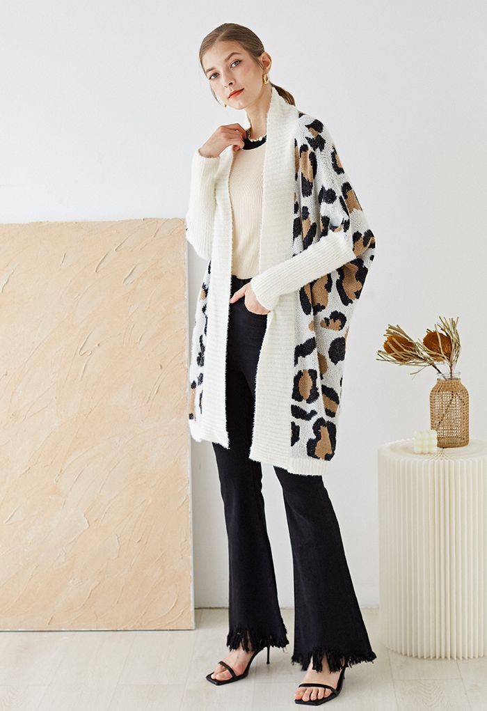 Fuzzy Leopard Batwing Sleeves Open Front Cardigan in Ivory