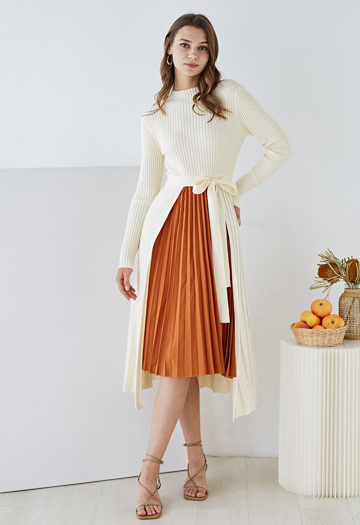 Front Pleats Splicing Belted Hi-Lo Knit Dress in Cream