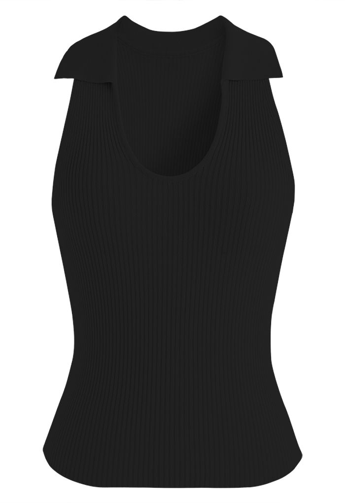Turn-Down Collar Knit Tank Top in Black