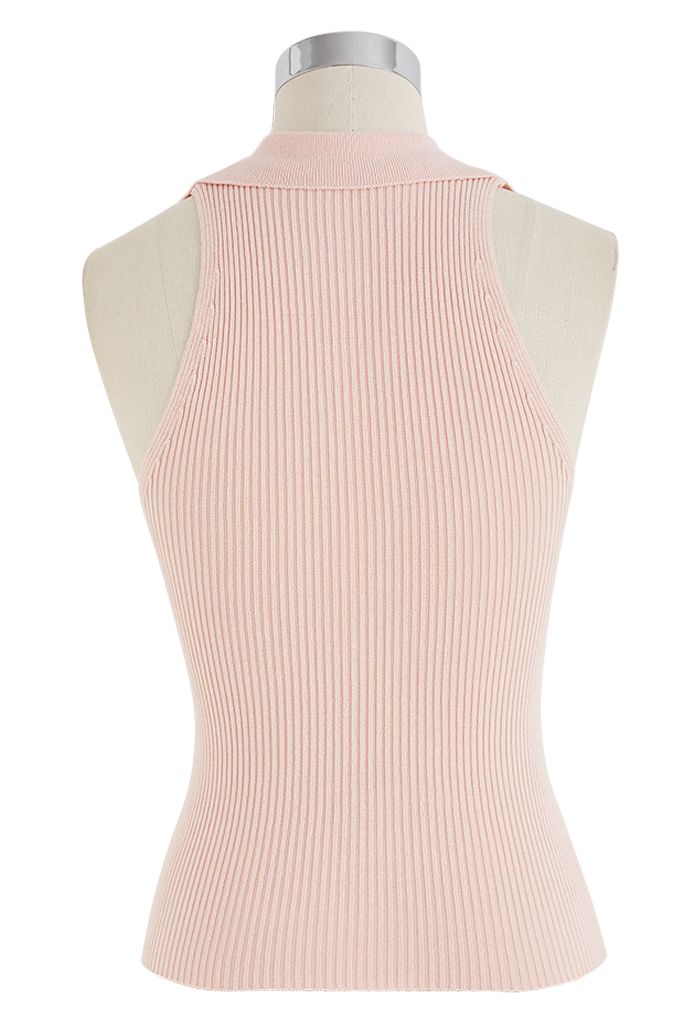 Turn-Down Collar Knit Tank Top in Pink