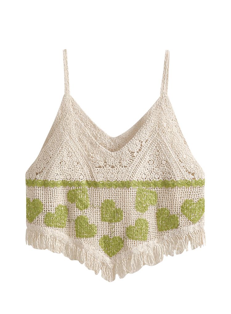 Embroidered Heart Crochet Tank Top in Pea Green