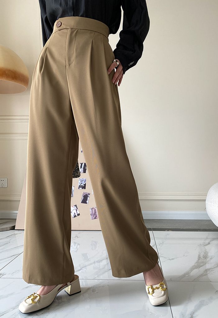 Buttoned Waist Pocket Wide Leg Pants in Tan