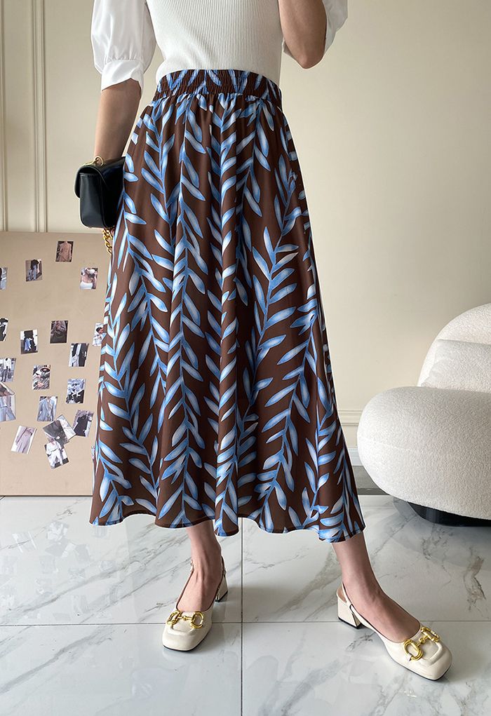 Contrast Leafy Vine Maxi Skirt in Brown