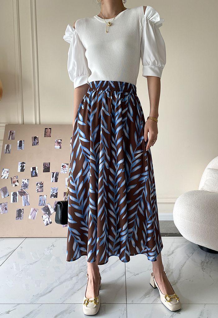 Contrast Leafy Vine Maxi Skirt in Brown