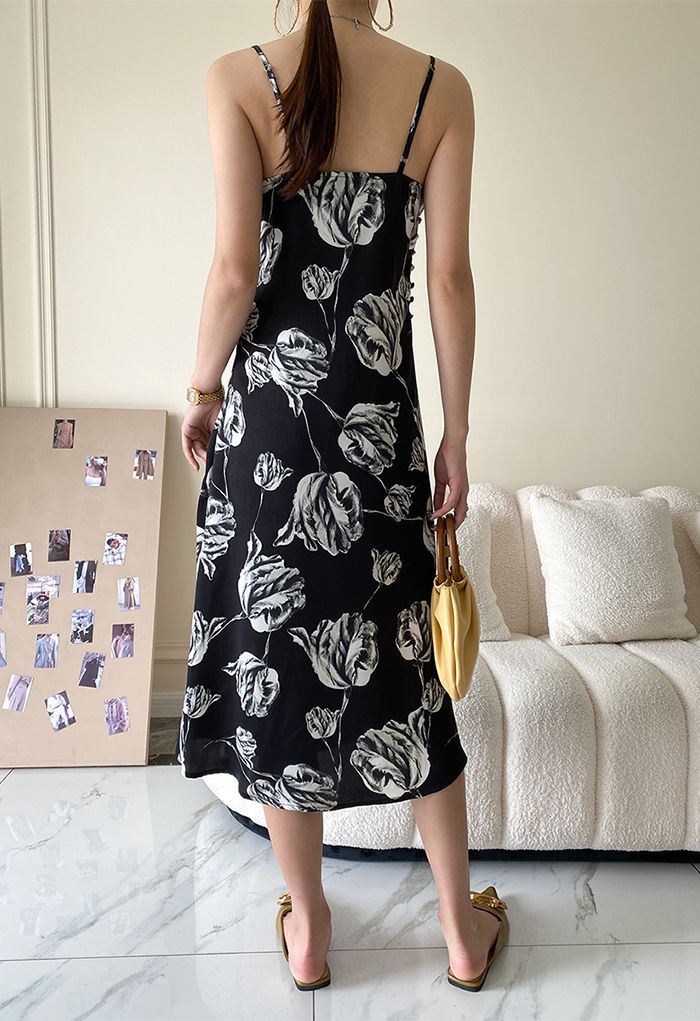 Floral Sketch Side Button Split Satin Dress in Black