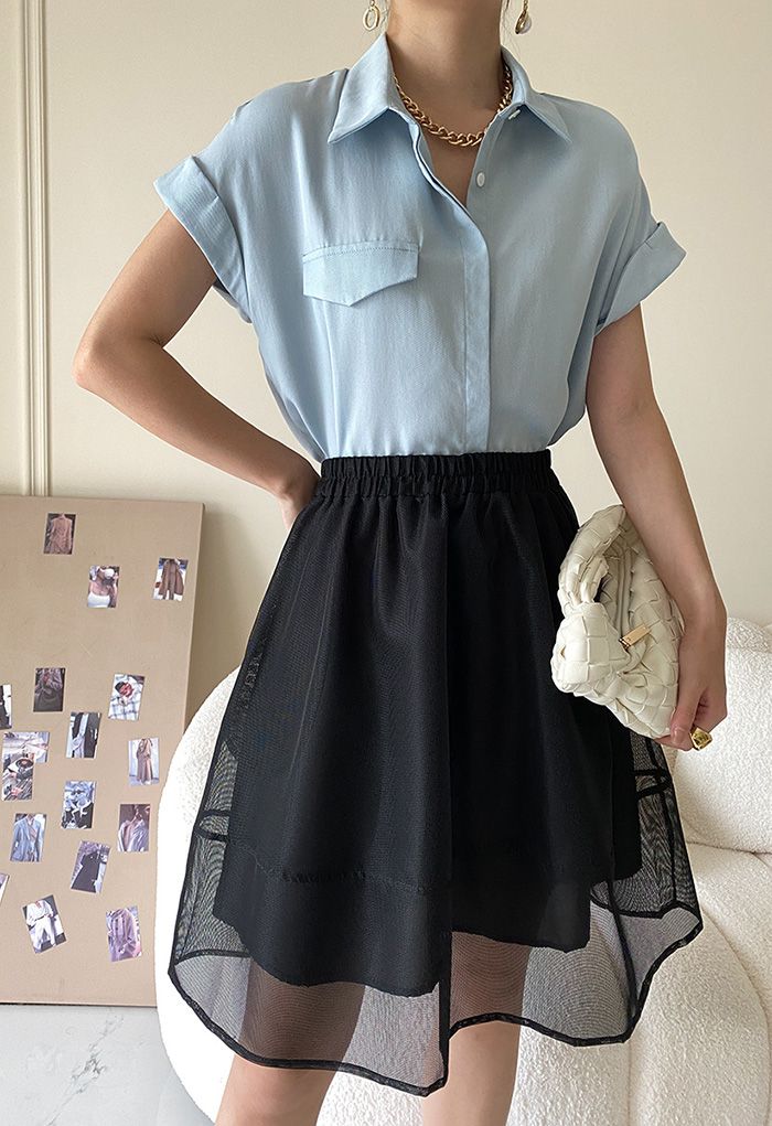 Pointed Collar Rolled Cuff Buttoned Shirt in Blue