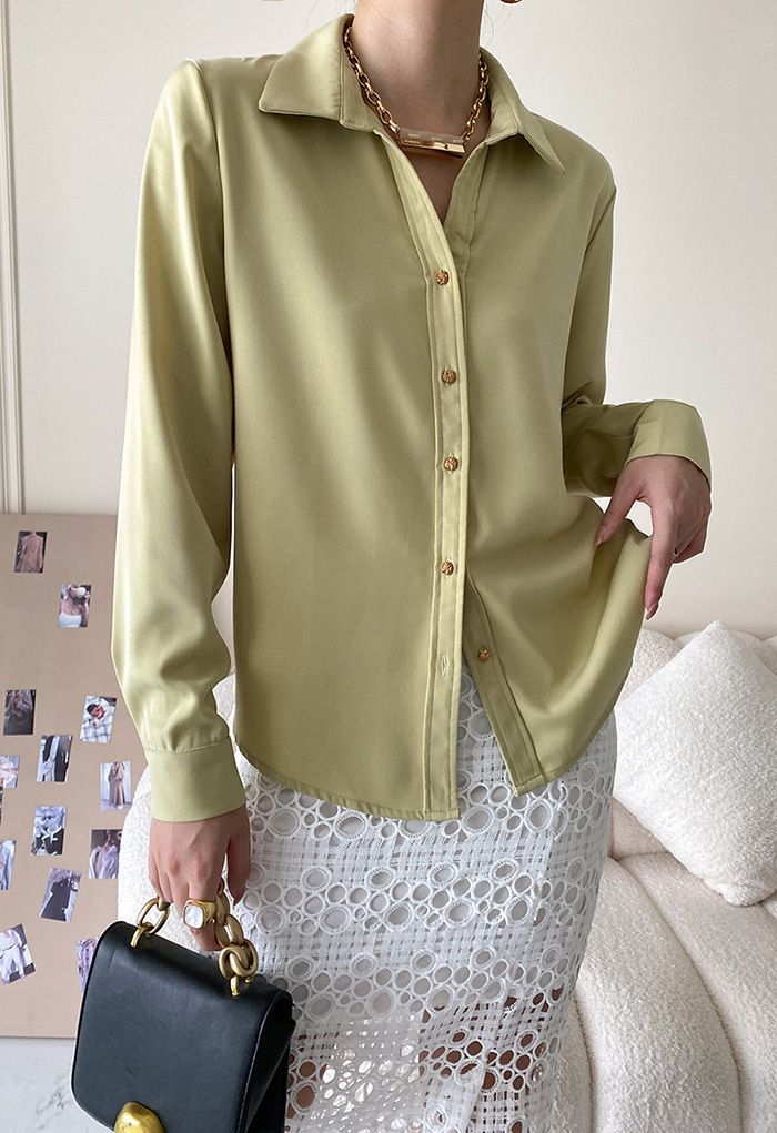 Golden Button Pointed Collar Shirt in Lime