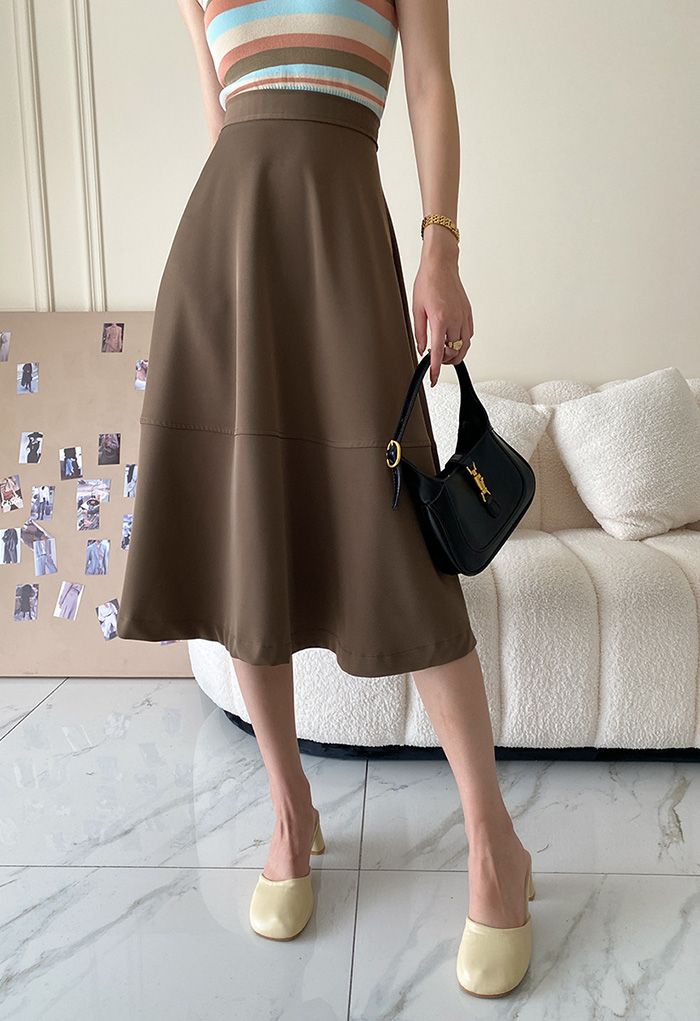 High Waist A-Line Midi Skirt in Brown
