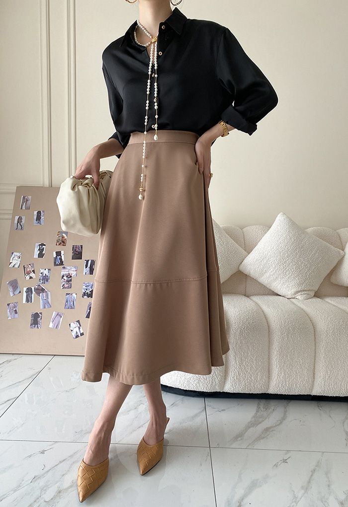 High Waist A-Line Midi Skirt in Khaki