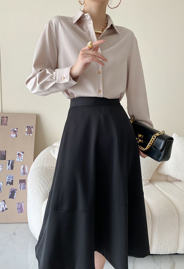 High Waist A-Line Midi Skirt in Black