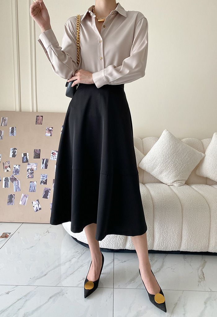 High Waist A-Line Midi Skirt in Black
