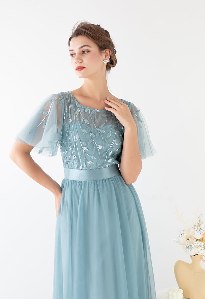 Sequined Vine Flutter Sleeve Mesh Gown in Teal