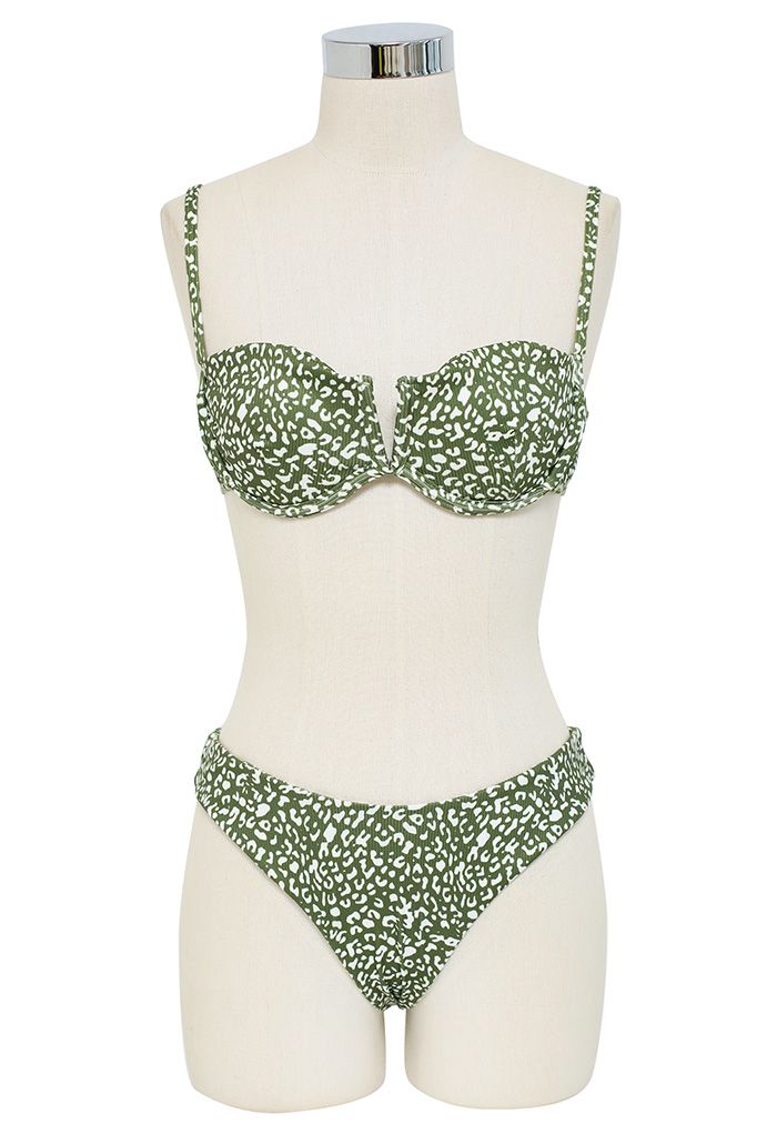 Leopard Print Bikini Set with Sarong in Moss Green
